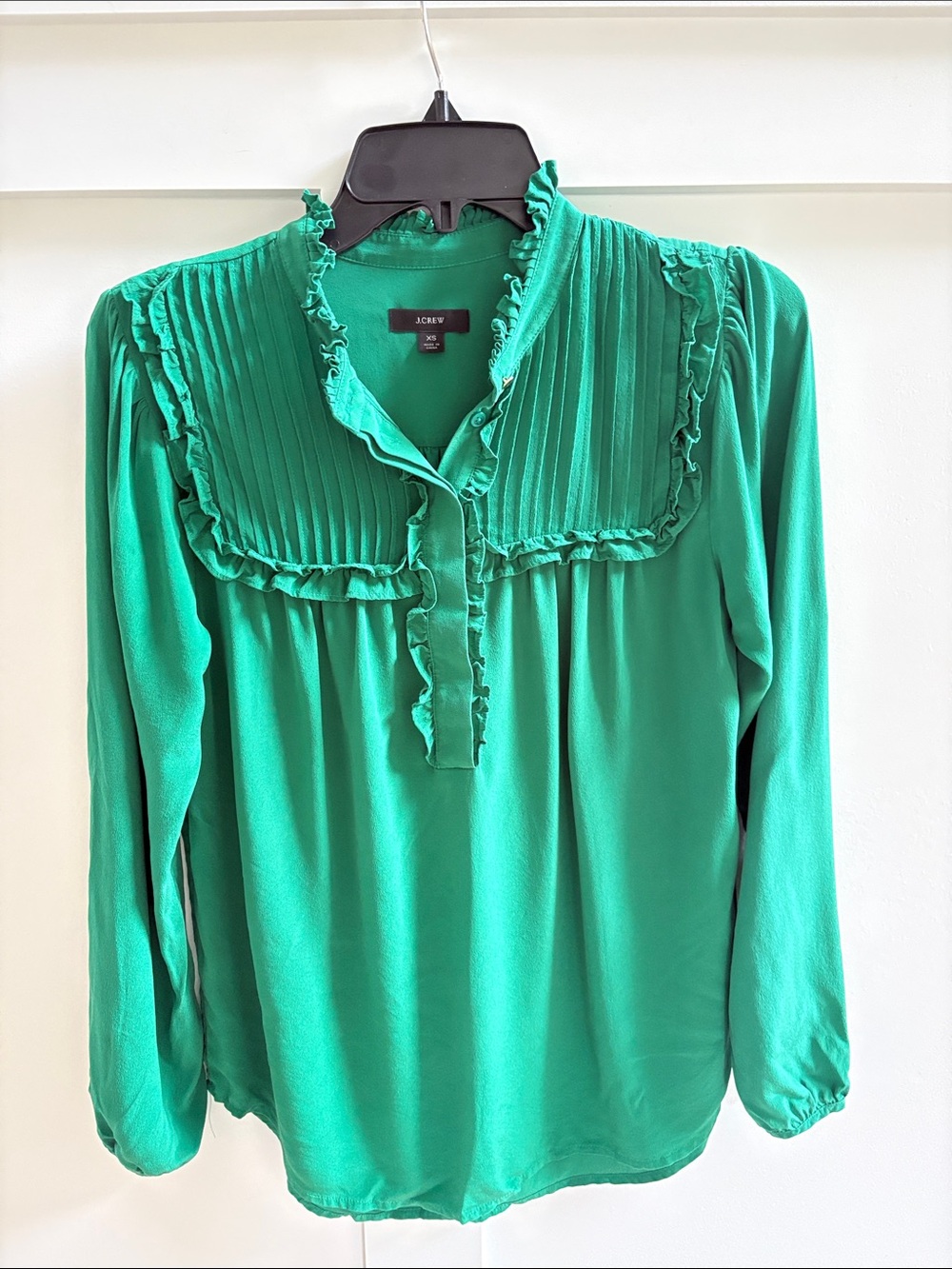 J. Crew Emerald Green Pleated Yoke Ruffle Blouse